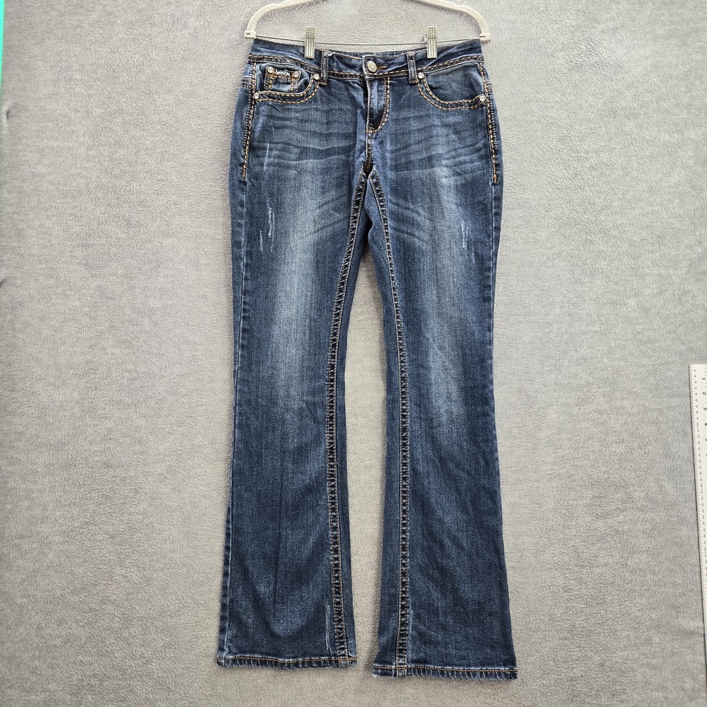 Miss Me Women Jeans 29 Blue Shyanne Bootcut Embroidered Rhinestones 33 in Inseam